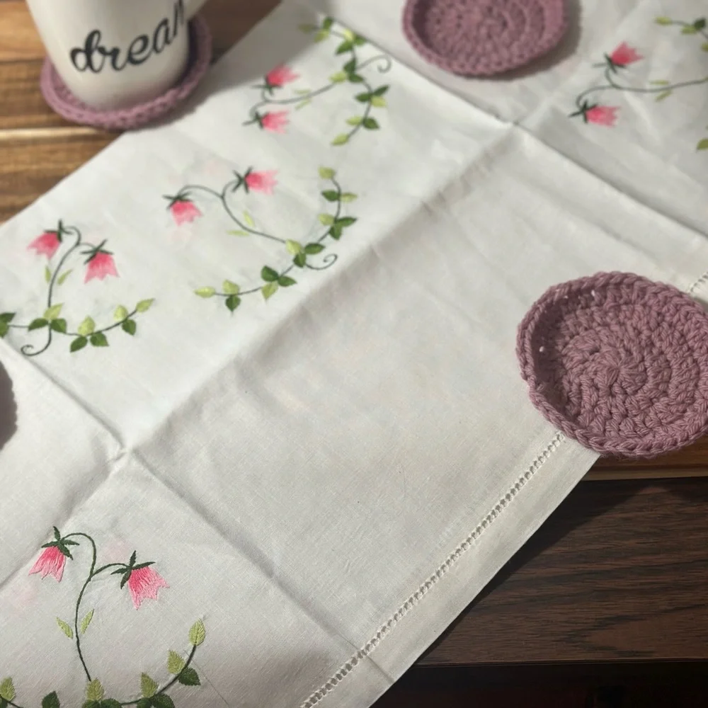 Handmade Mauve Crochet Coaster Set Vintage Hand Embroidered table topper